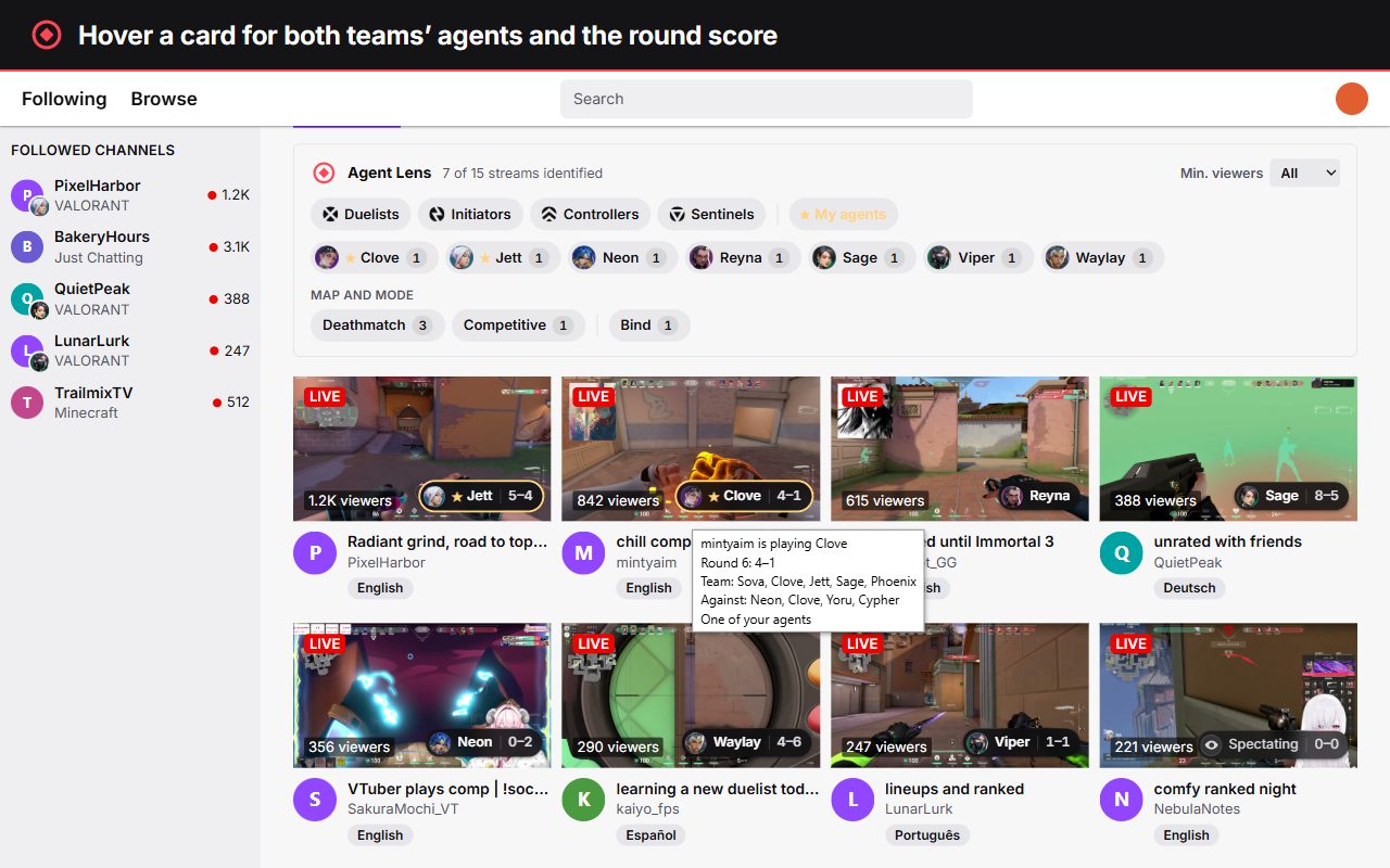 Hovering a stream card shows the agents on both teams and the round.