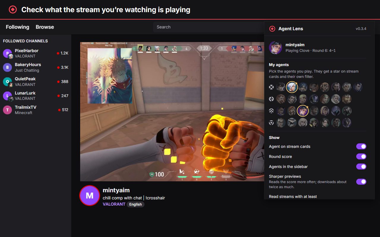 On a channel page, the toolbar button shows what the streamer is playing and lets you pick your agents.
